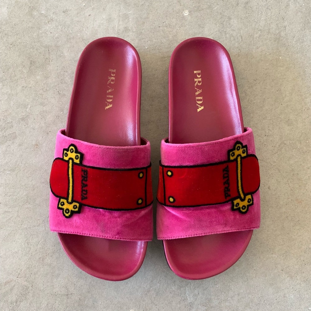 Prada Pink Velvet Belt Slides